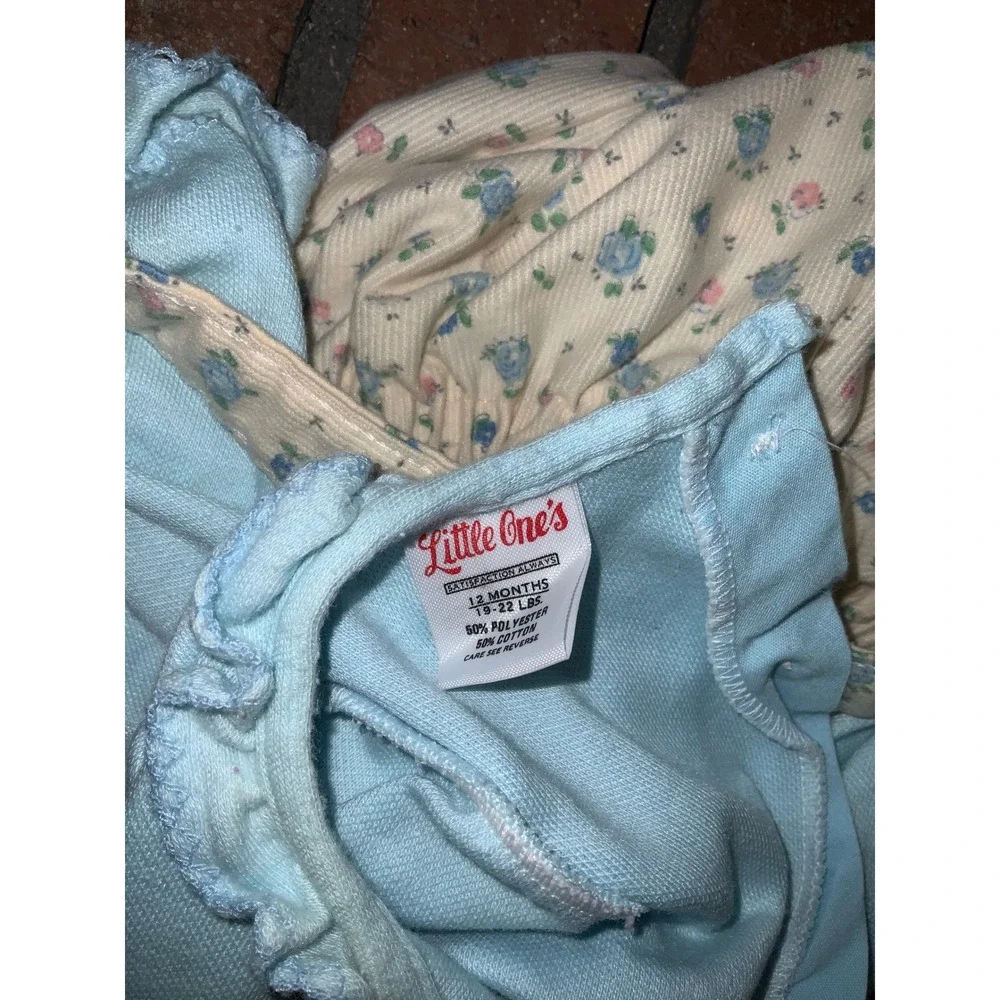 Vintage Little One's Girls 2 pc Corduroy Floral Overall Set Size‎ 12M Blue Shirt